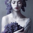 Classical portrait of serene woman with grapevine in hair holding grapes