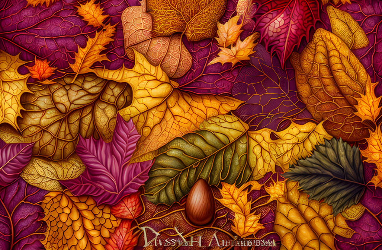 Colorful Autumn Leaves Digital Art with Acorn Center