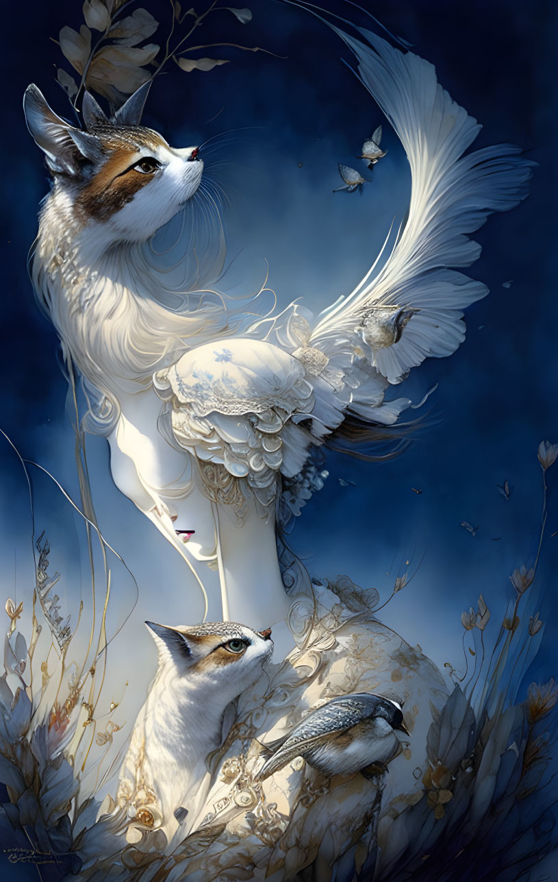 Mythical creature: white cat upper body, woman lower body, ornate clothing, birds,