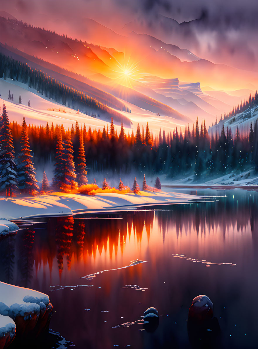 Winter Sunset: Orange and Pink Hues Reflecting on Still Lake