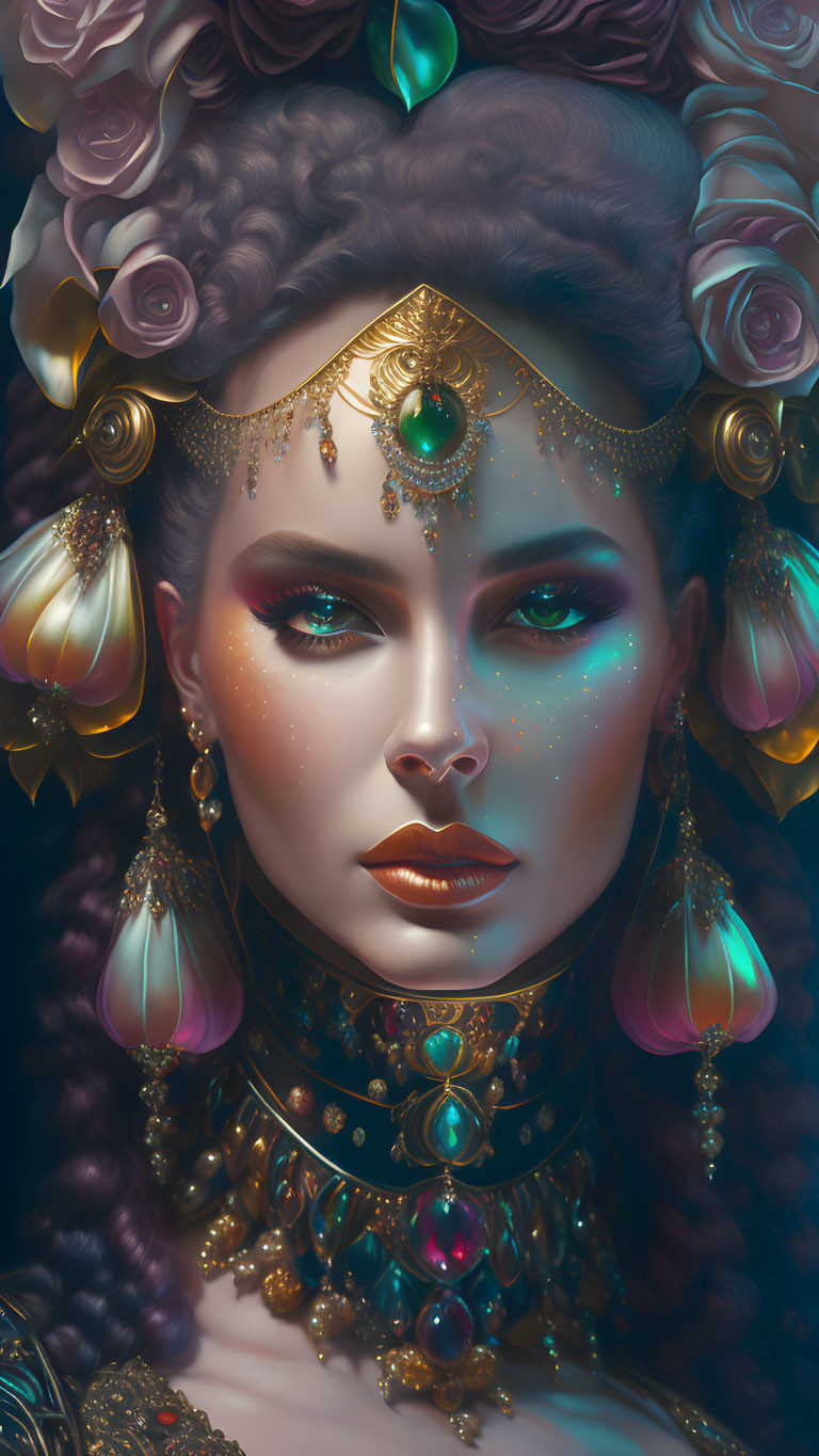 Digital artwork featuring woman with golden headpieces, jewelry, braided hair.