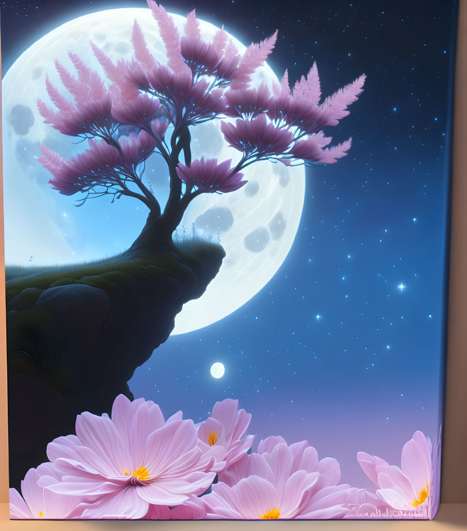 Pink tree on cliff under moonlit sky with pink flowers and stars.