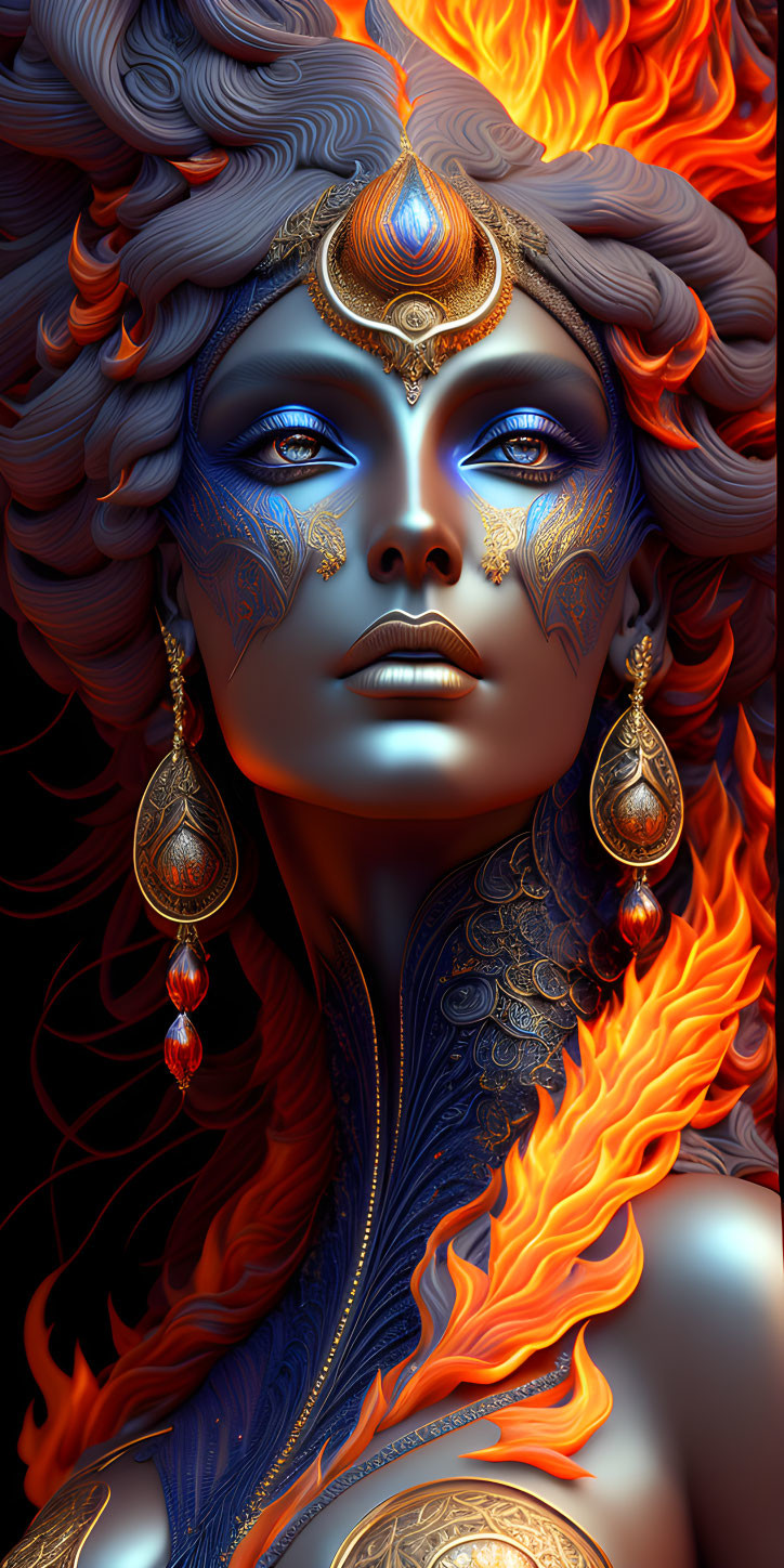 Vivid artwork featuring a woman with blue skin, fiery orange hair, gold headpiece, and intricate