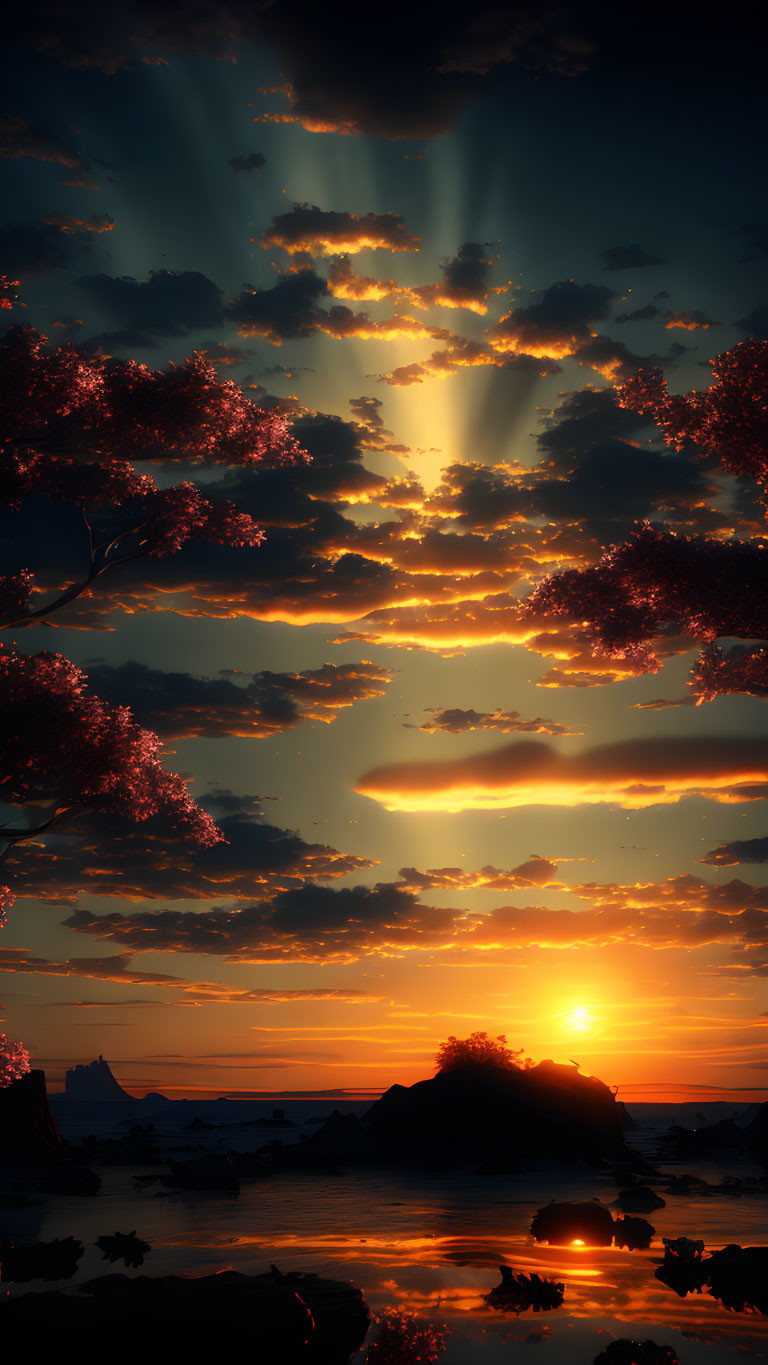 Scenic sunset with light beams over tranquil sea and silhouetted island