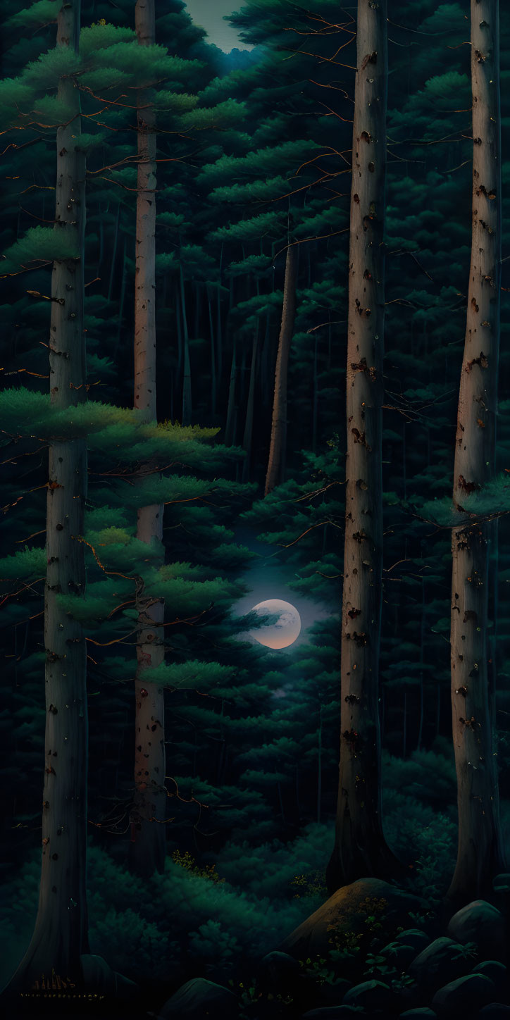 Full Moon Illuminates Pine Forest at Night