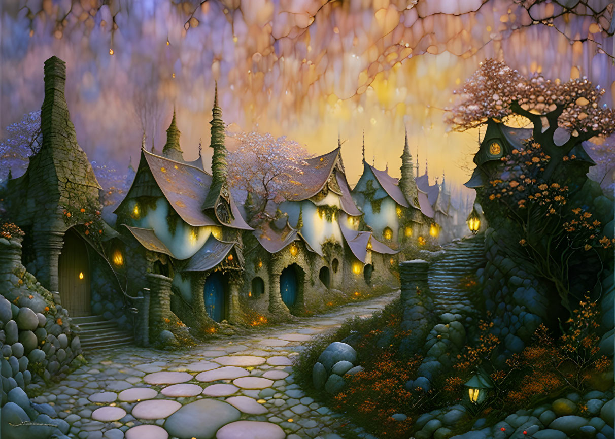 Whimsical fantasy village with cobblestone paths and blossoming trees