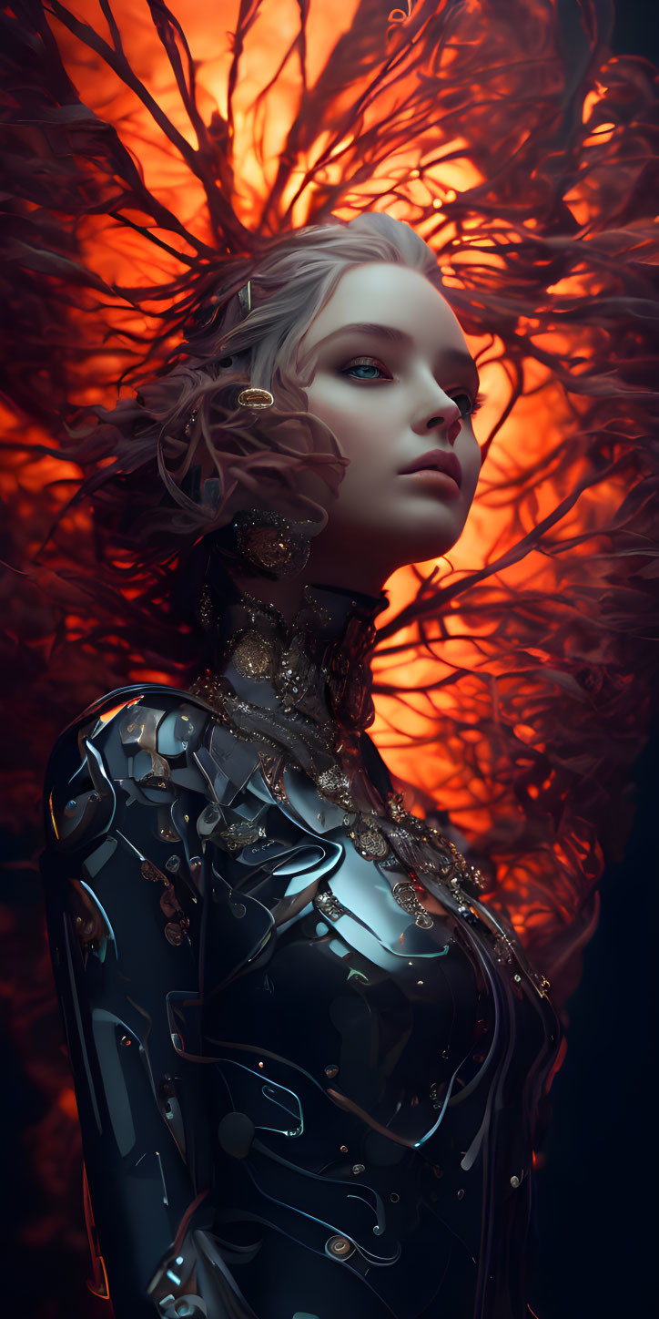 Digital artwork: Woman in black armor with fiery red hair and golden accessories on dark red background