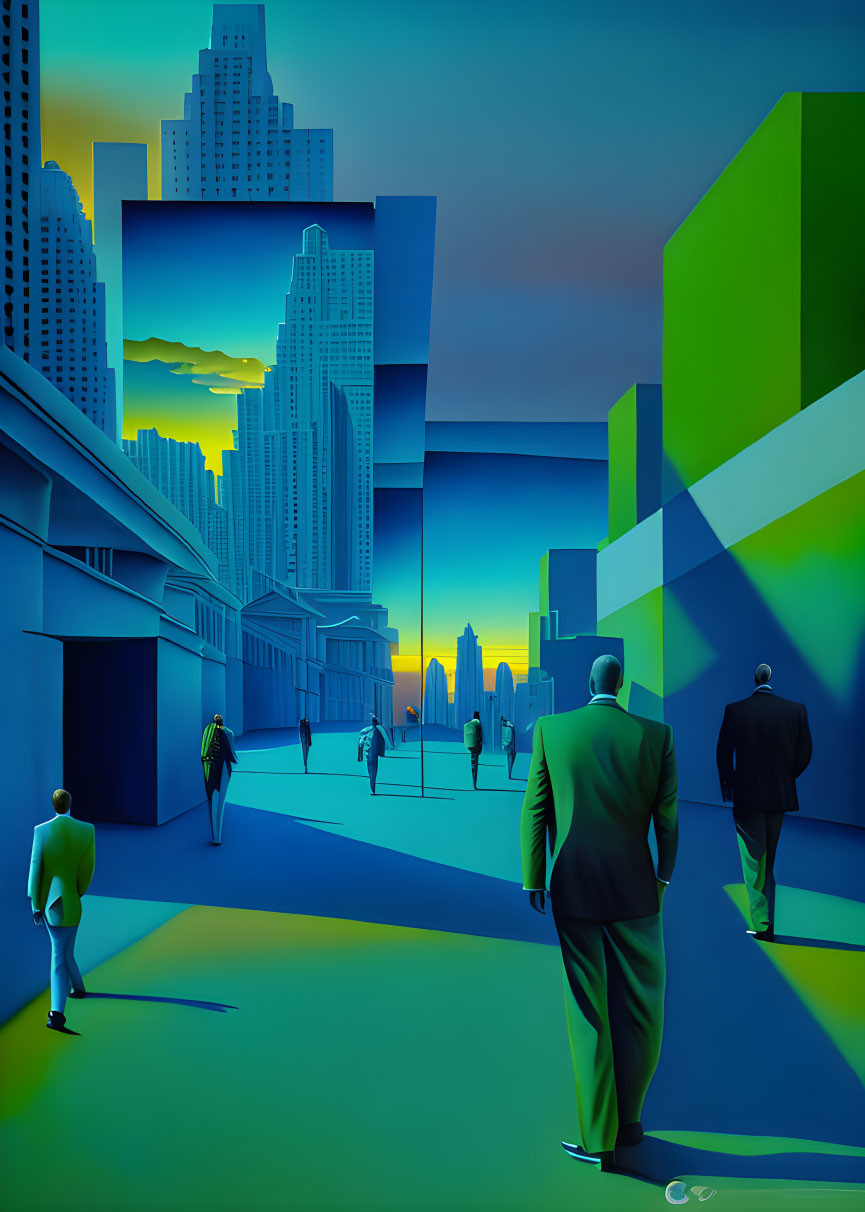 Stylized cityscape at dusk with exaggerated perspectives in blues, greens, and yellows