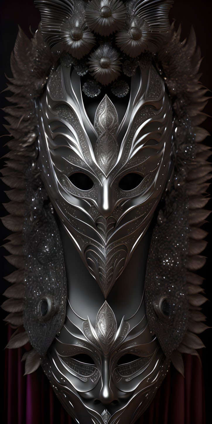 Silver mask with intricate patterns, feathers, and white flowers.