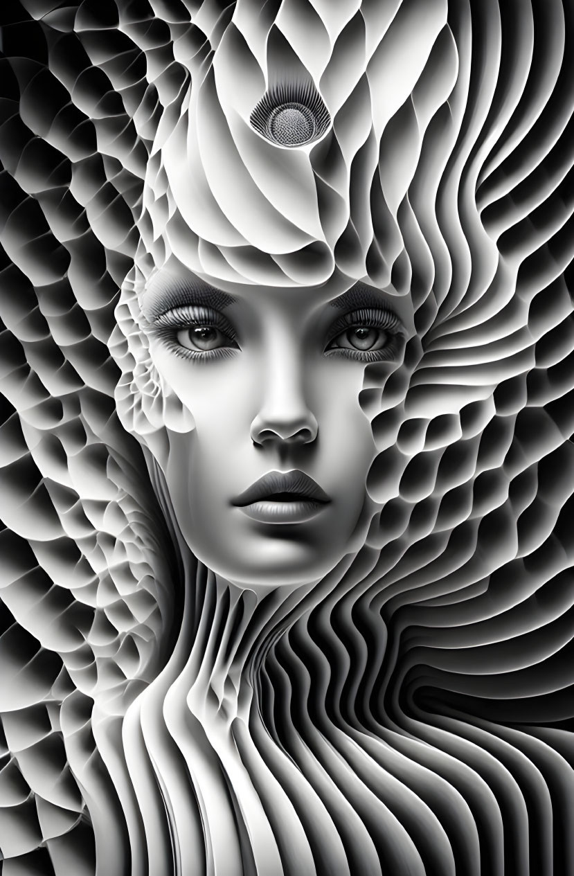 Monochromatic digital art of female face with swirling patterns and multiple eyes