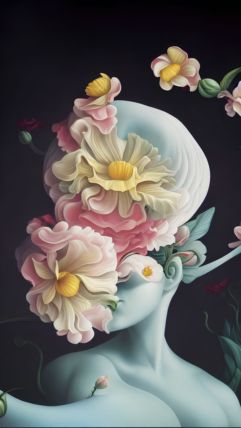 Surreal Artwork: Human Figure with Floral Hair and Nature Elements