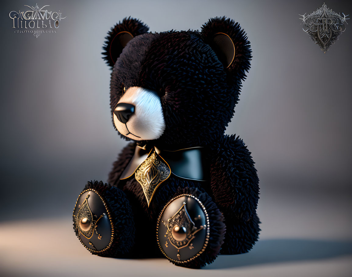 Dark Plush Teddy Bear with Golden Stitch Details and Ornate Pendant