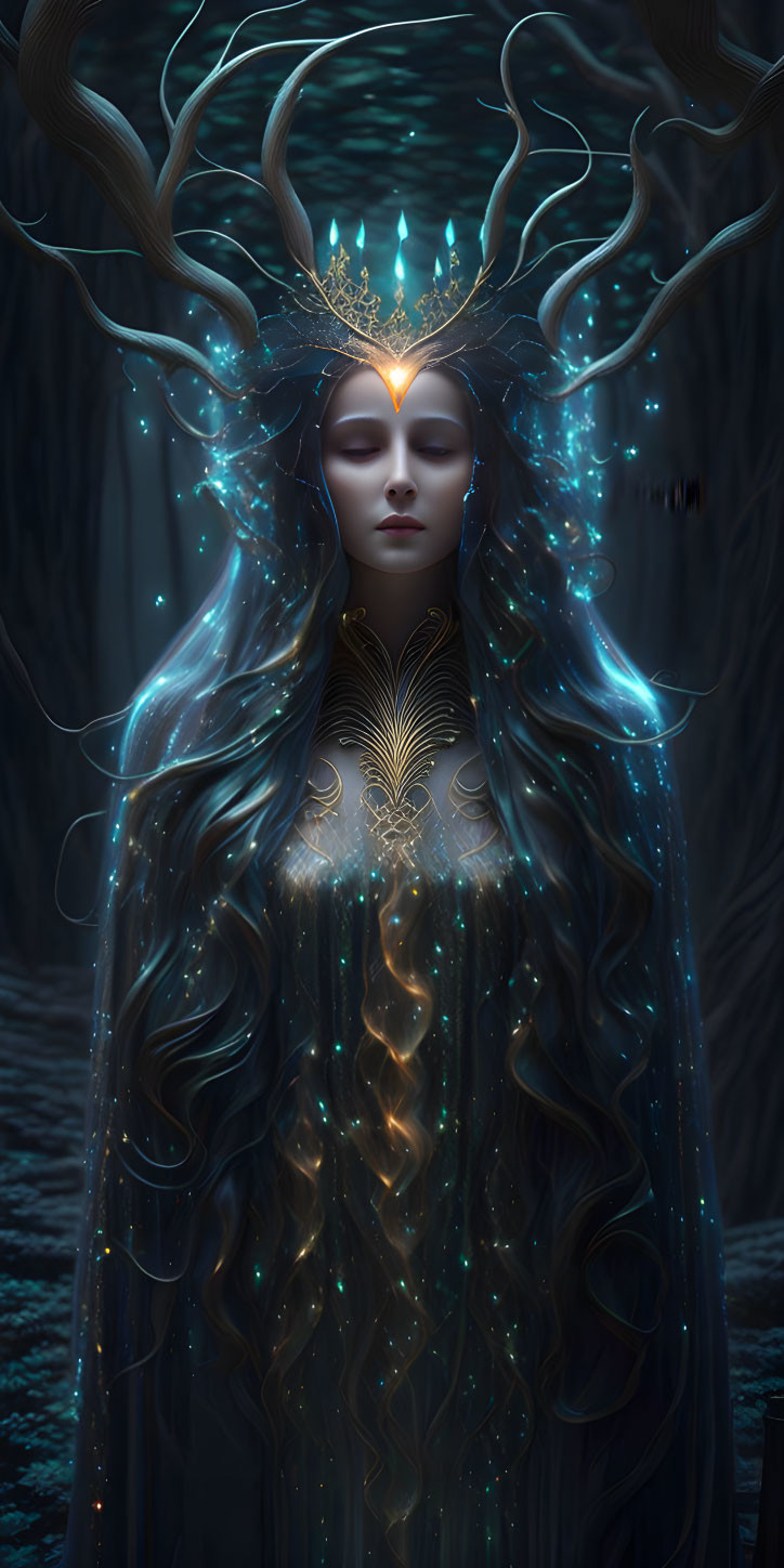 Mystical female figure with glowing antler-like headpiece in forest setting