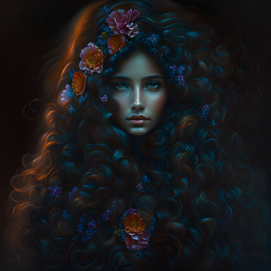 Digital artwork of woman with voluminous, wavy hair and vibrant flowers on dark background