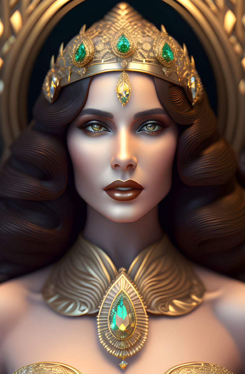 Illustrated portrait of woman with voluminous brown hair and golden crown with emerald accents