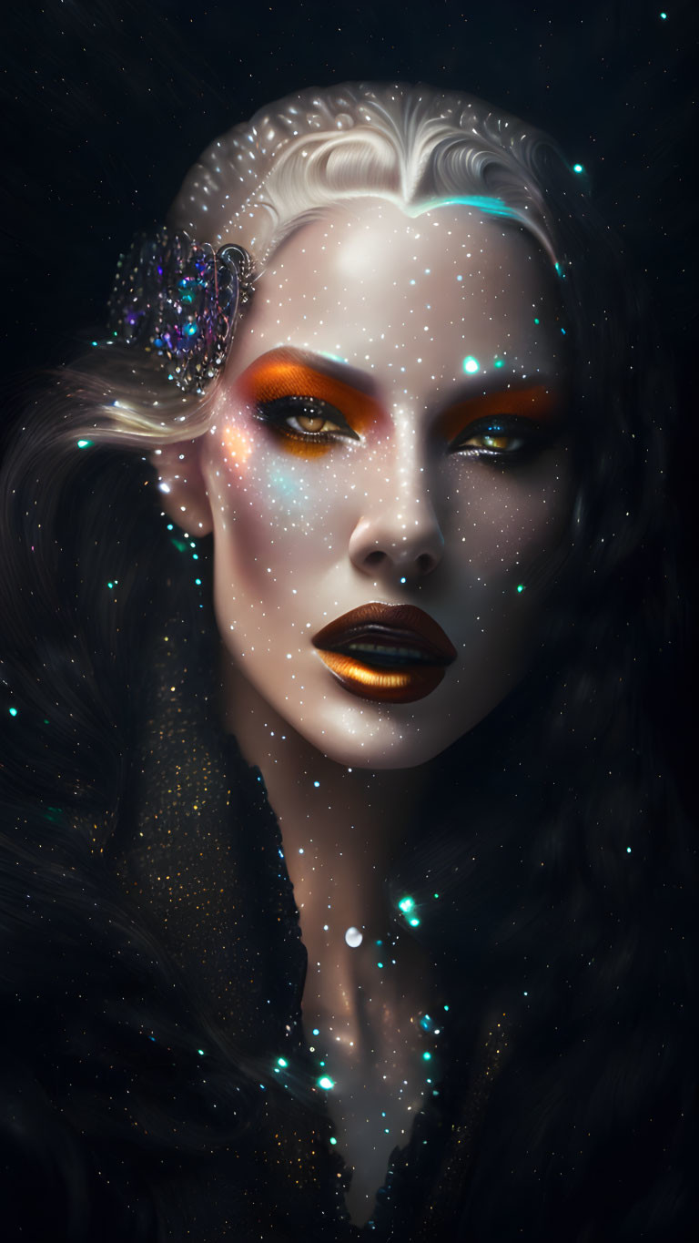 Pale-skinned woman with orange eye makeup and dark lips in celestial setting.