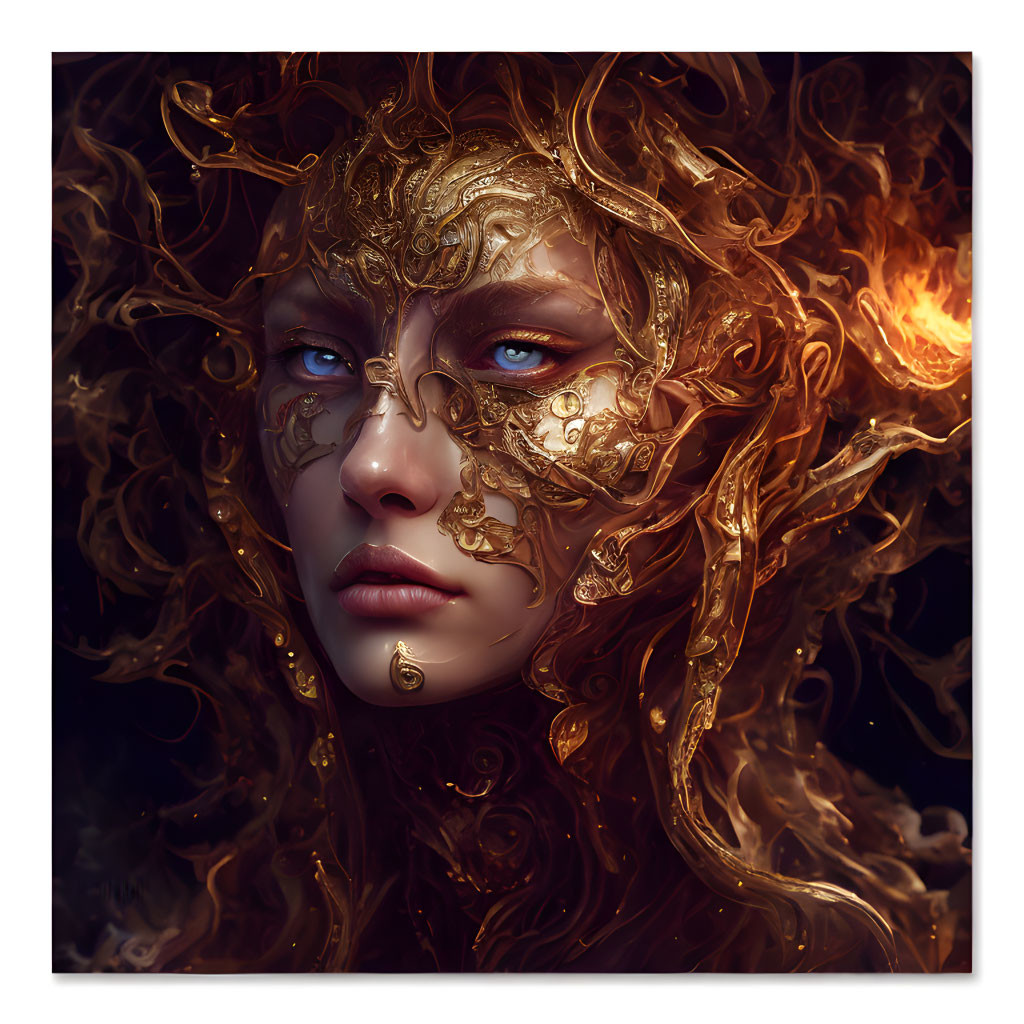 Portrait of woman with golden filigree mask in hair, amid glowing embers