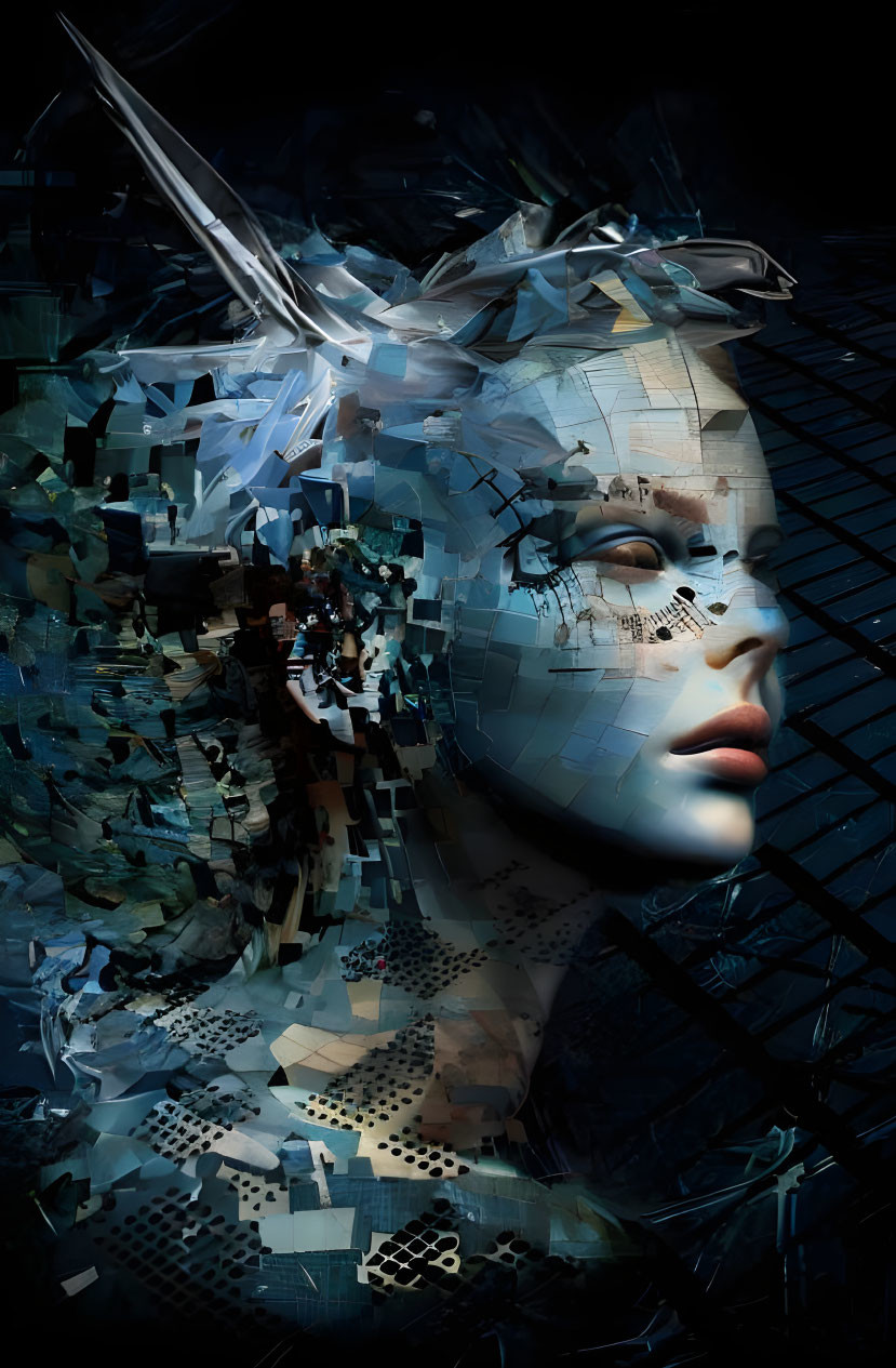 Abstract digital artwork of woman's face with fragmented features in blue and white.