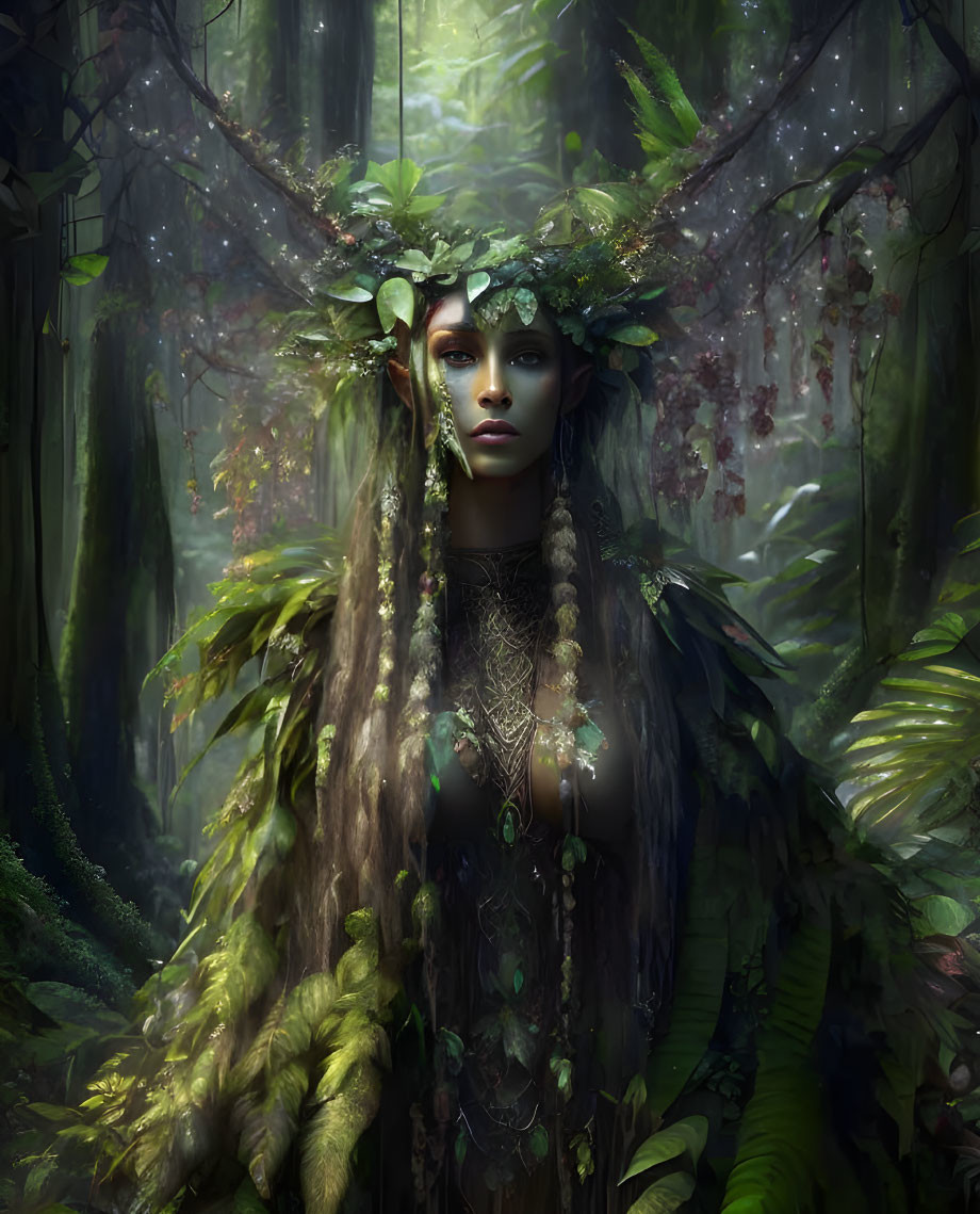 Woman in leafy headdress and greenery, mystical forest scene