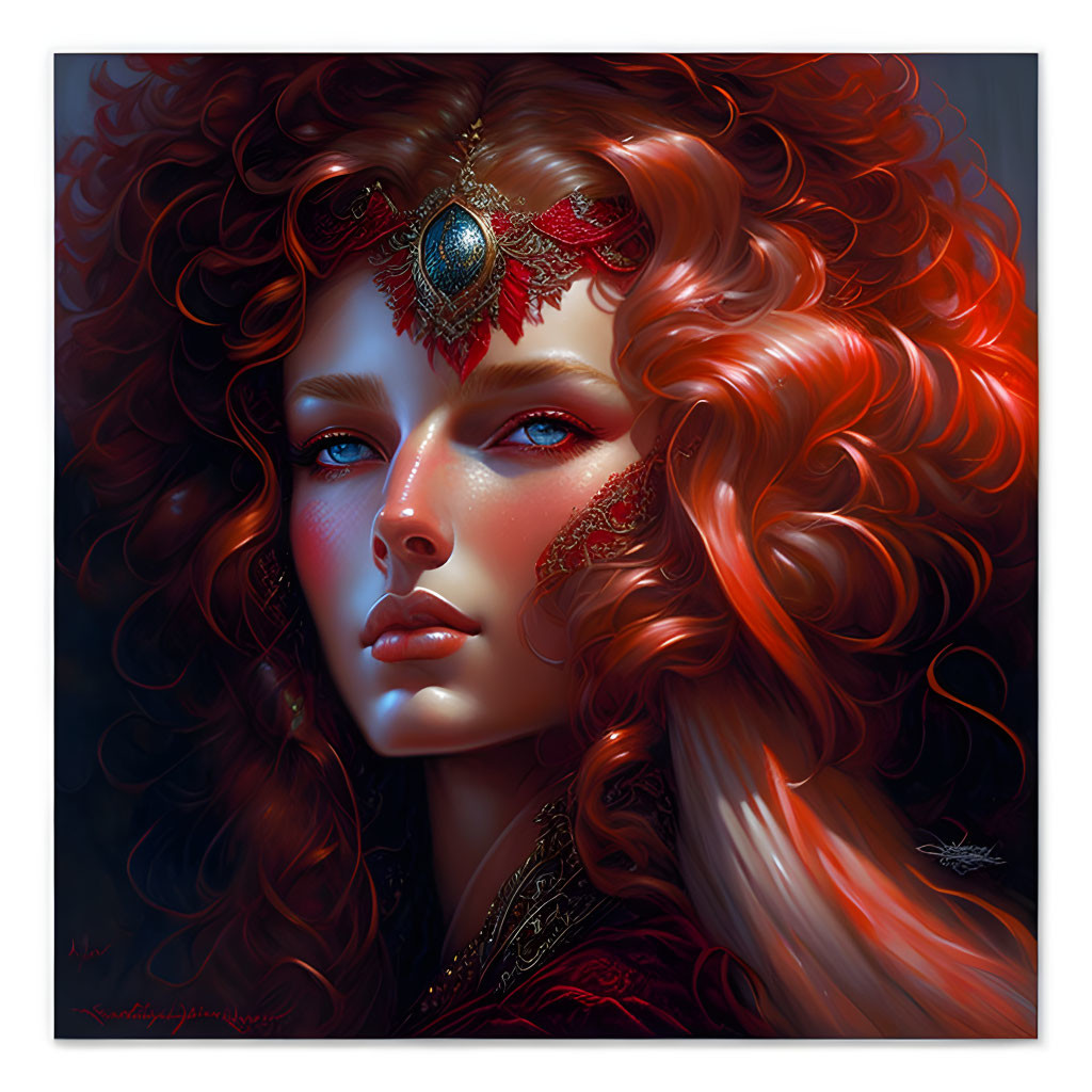 Illustrated portrait of woman with voluminous red curly hair and ornate forehead jewel.