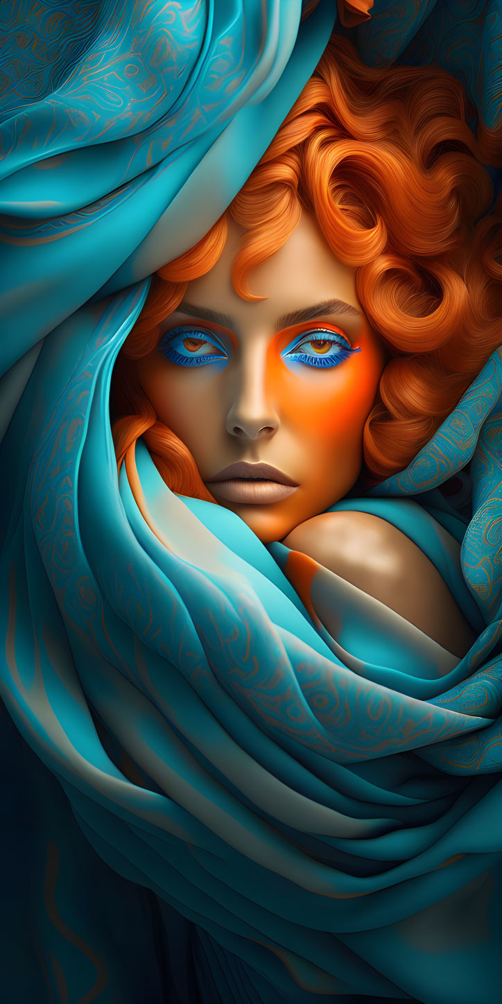 Detailed depiction of woman with red curly hair and blue makeup in ornate blue fabrics.