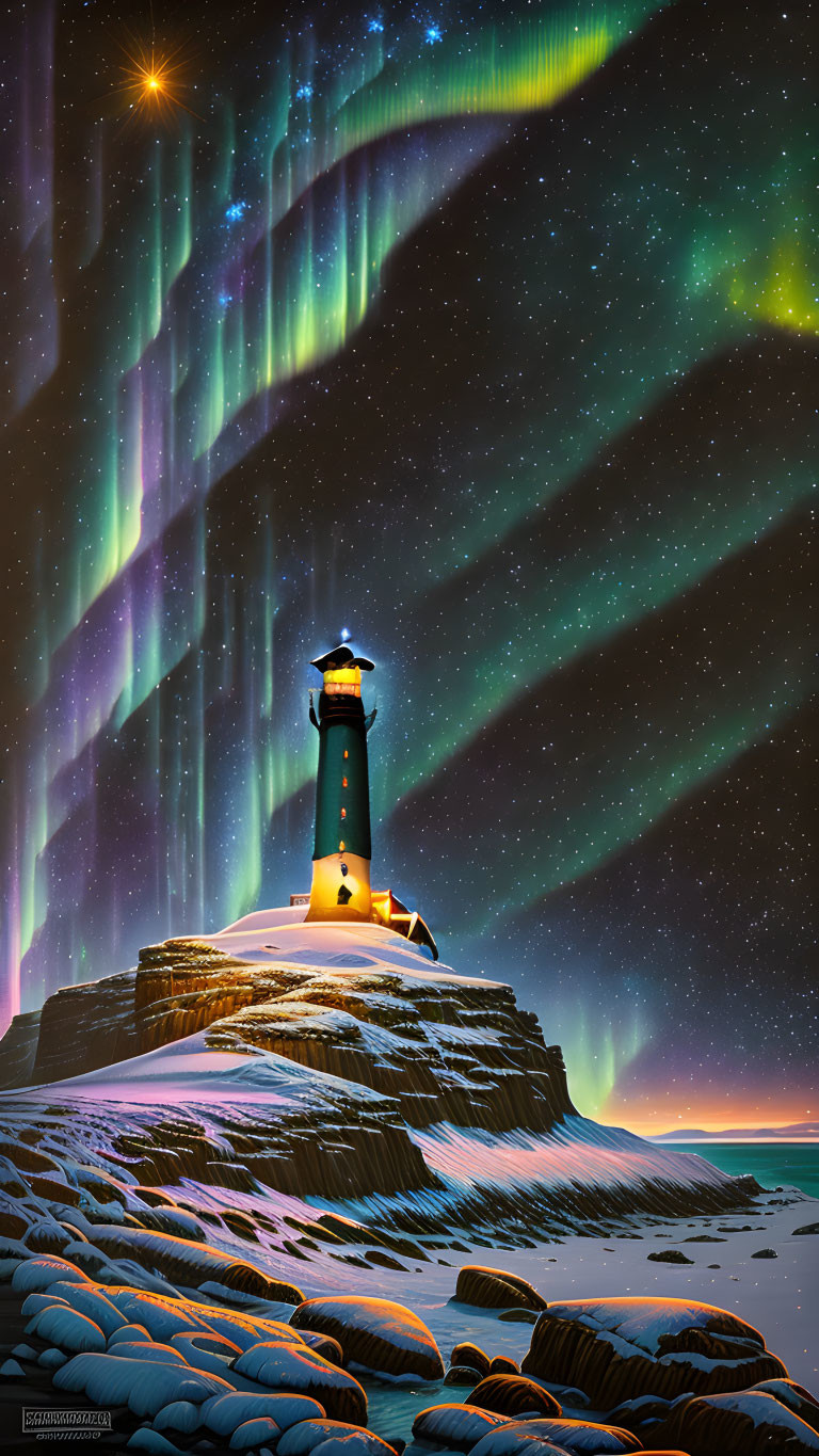 Lighthouse on rocky cliff under aurora borealis