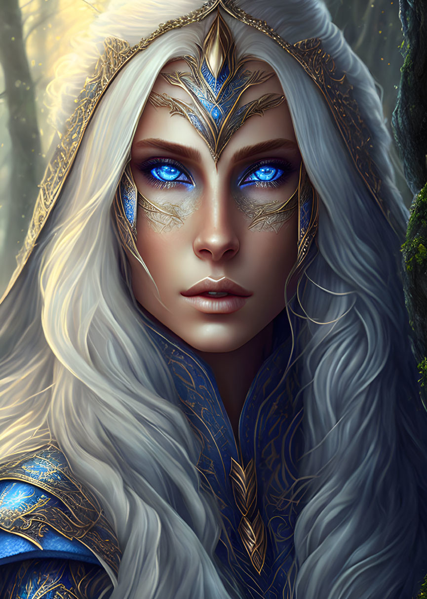 Elven character with blue eyes, white hair, gold-leaf tattoos in forest