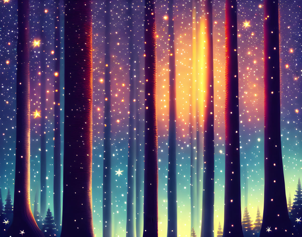 Illustration of starry night sky merging with fantasy forest and radiant light beams.