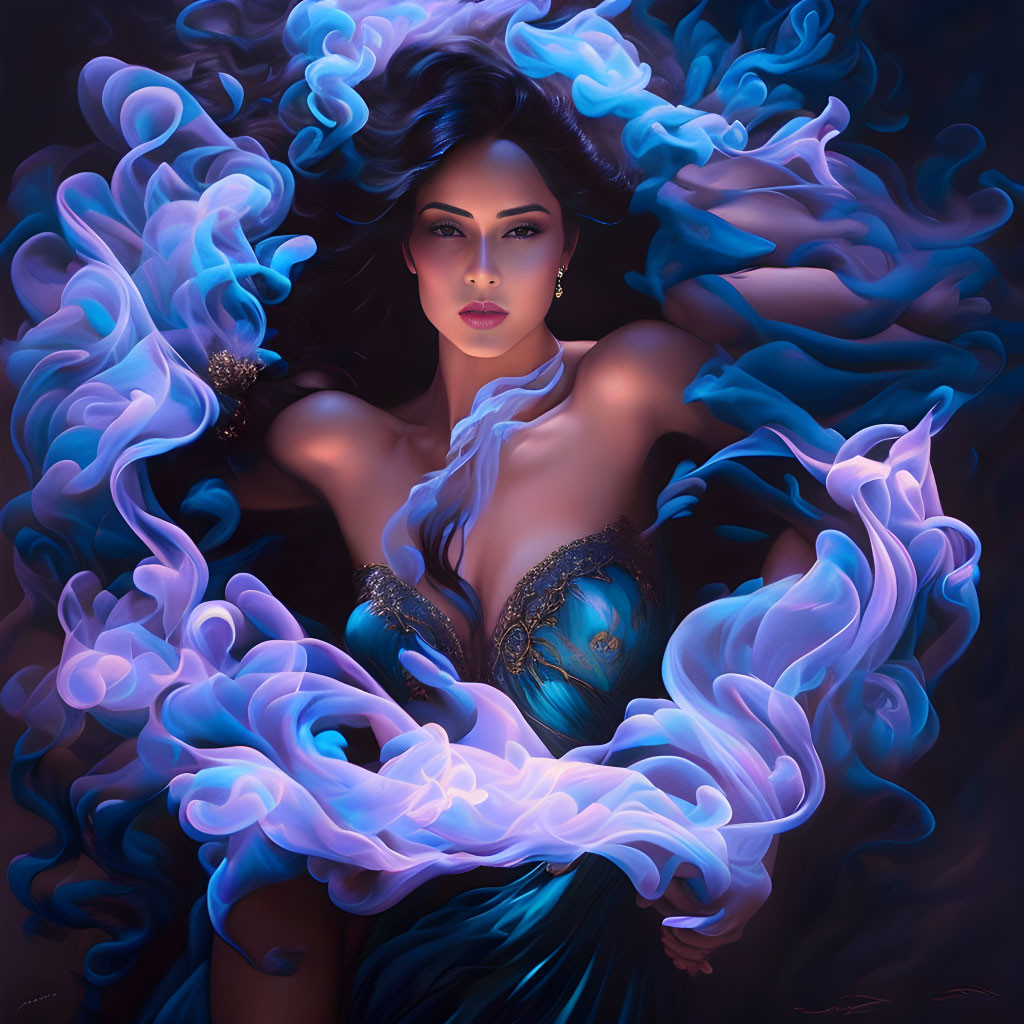 Mystical woman with voluminous blue hair in ethereal smoke