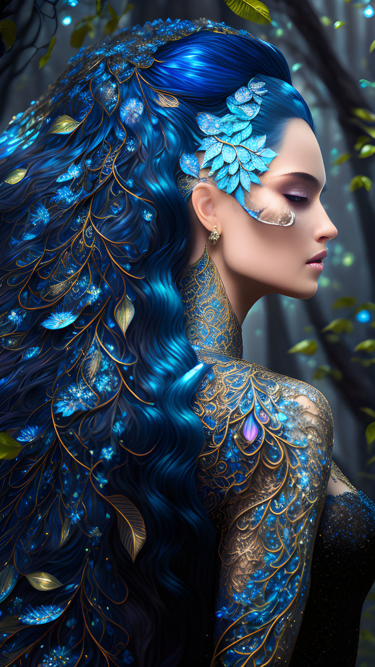 Digital artwork of woman with vibrant blue hair in mystical forest