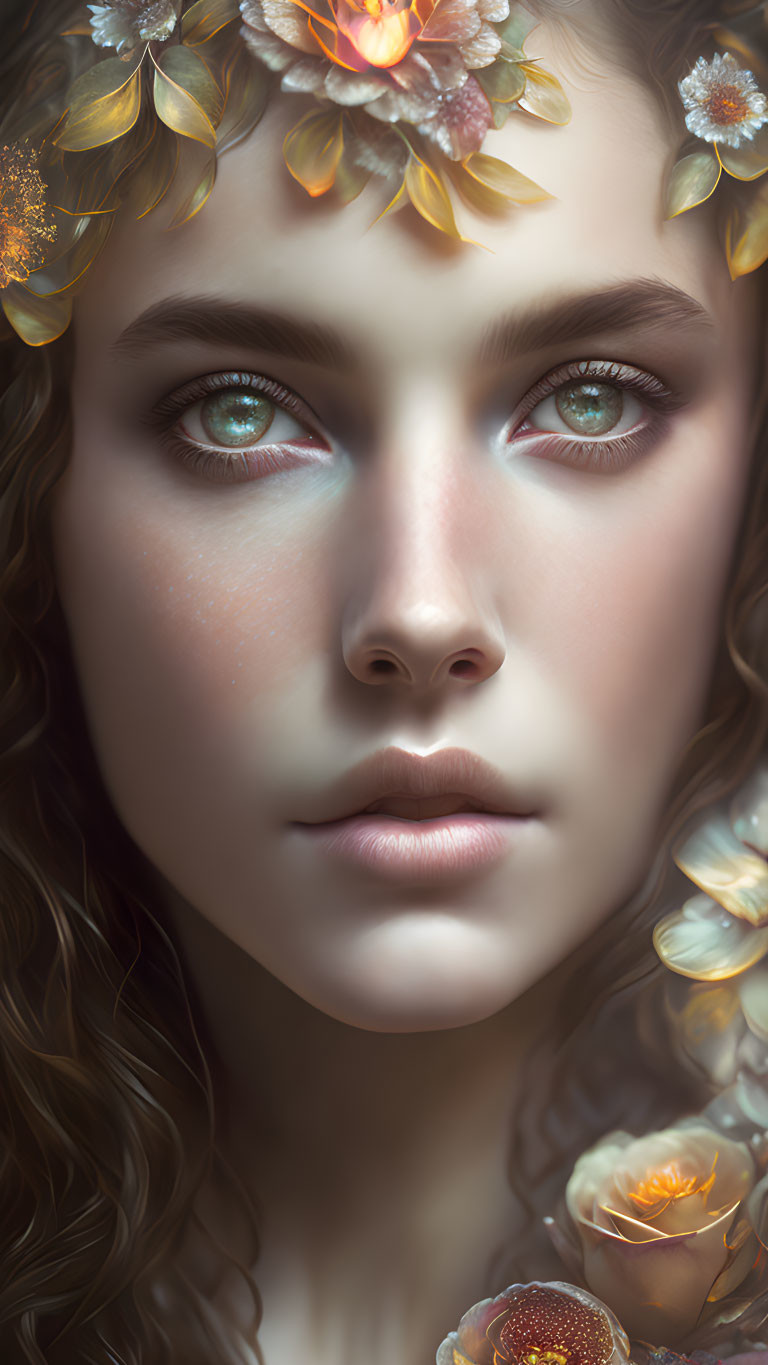 Close-up digital portrait of person with vibrant blue eyes and floral crown.