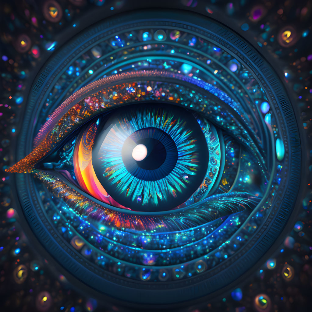 Intricate eye digital artwork with cosmic patterns and shimmering colors