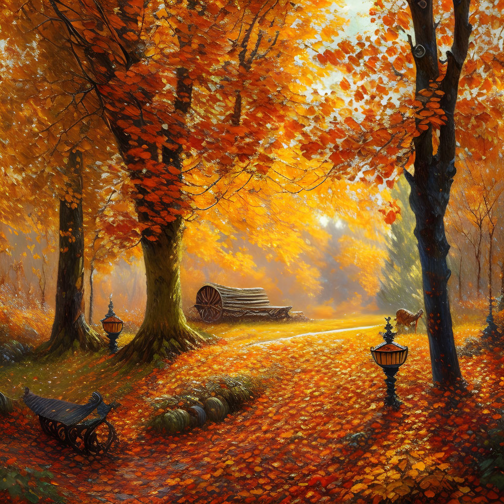 Autumn Park Scene with Orange and Yellow Leaves, Winding Path, Benches, and Lamps