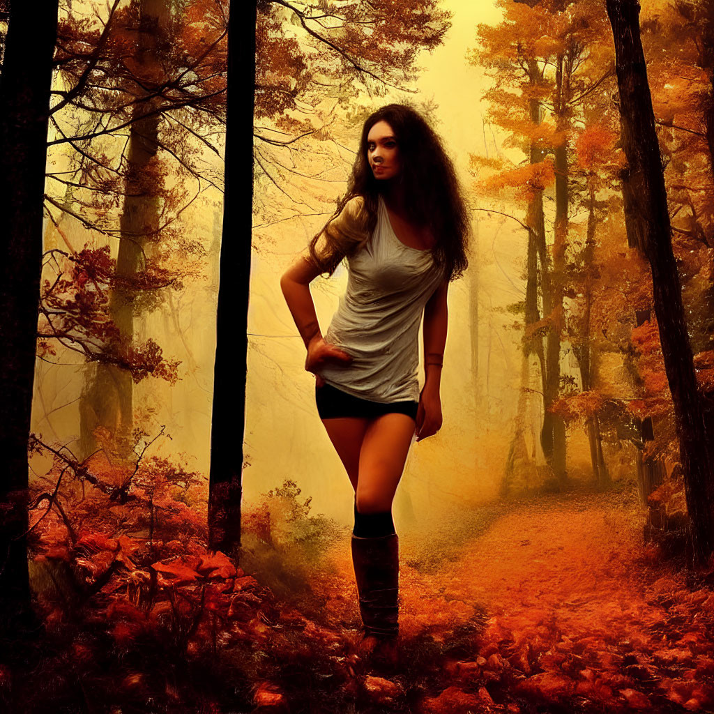 Woman in Gray Dress Stands in Misty Autumn Forest