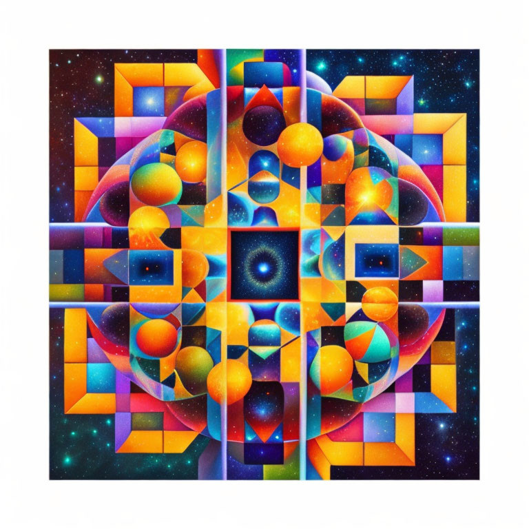 Colorful Geometric Digital Artwork with Spheres, Cubes, and Symmetrical Patterns