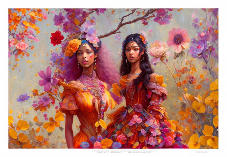 Two women in vibrant floral dresses among lush flowers