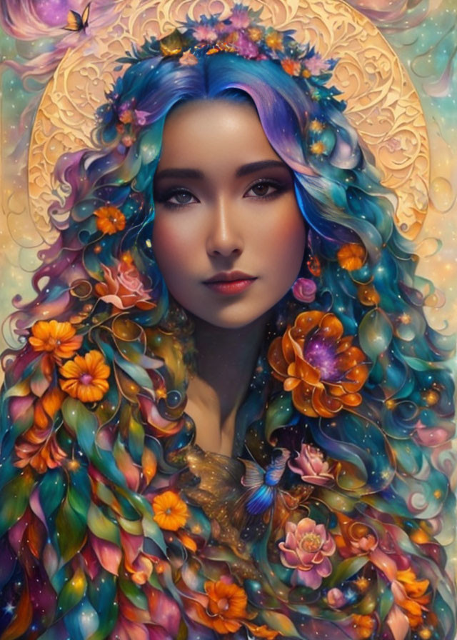 Multicolored hair portrait with flowers and butterfly on golden backdrop