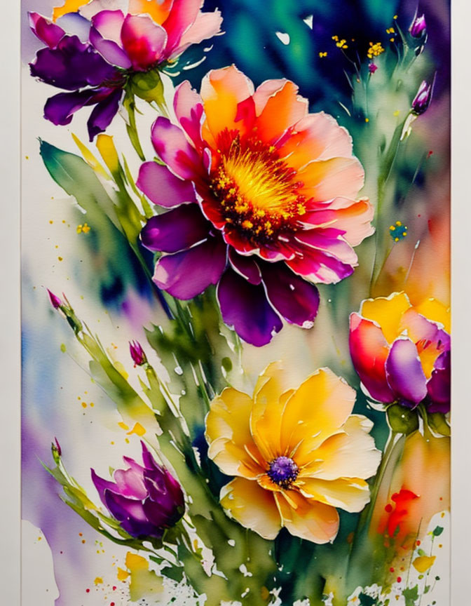 Colorful Watercolor Painting of Vibrant Flower Bouquet