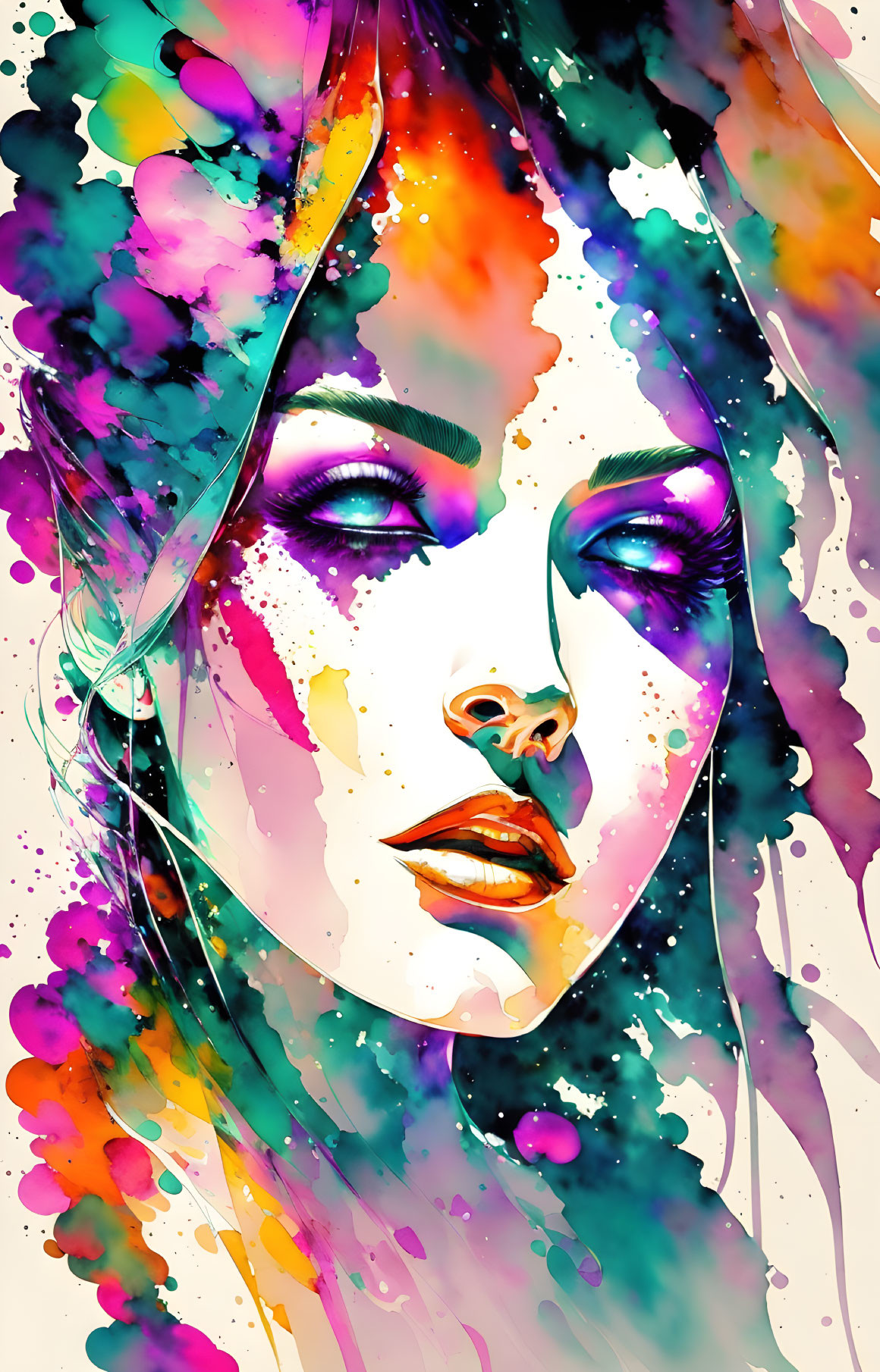 Colorful digital portrait with watercolor-like splashes blending into woman's features