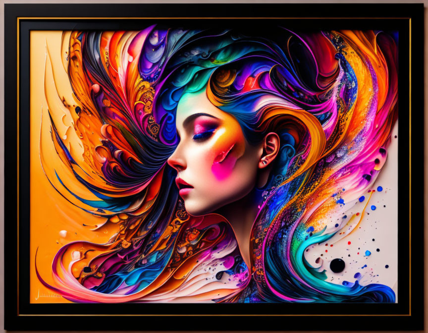 Colorful Abstract Artwork: Woman with Flowing Hair in Black Frame