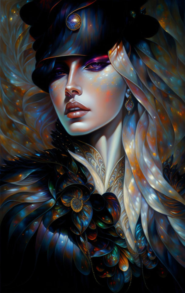 Ethereal woman with feathered hat and cosmic makeup