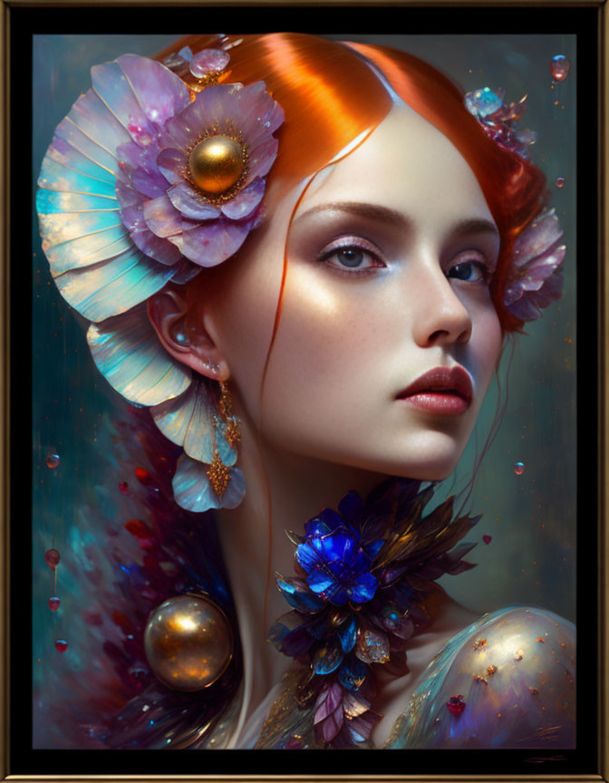 Vibrant portrait of a woman with whimsical floral and gem accessories