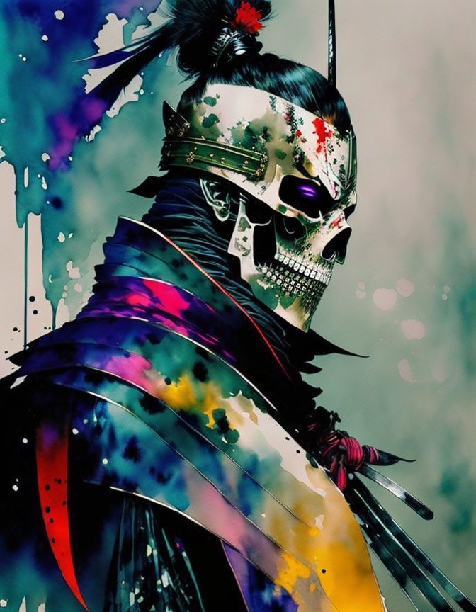 Colorful Skeleton Warrior in Japanese Armor with Skull Mask & Floral Details