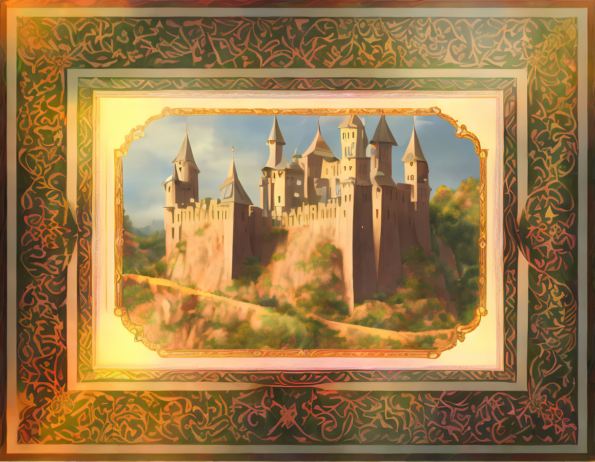 Ornate framed painting of majestic castle in lush greenery