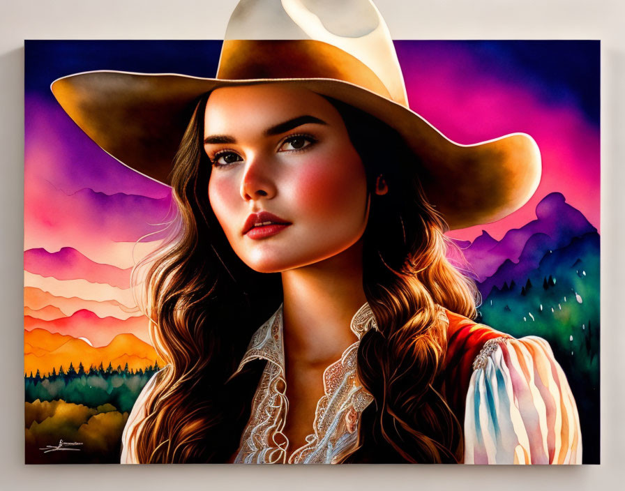 Woman in Wide-Brimmed Hat Against Colorful Mountain Sunset