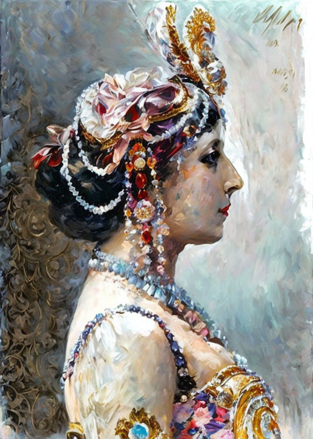 Vivid oil painting of woman in profile with elaborate headdress and jewelry