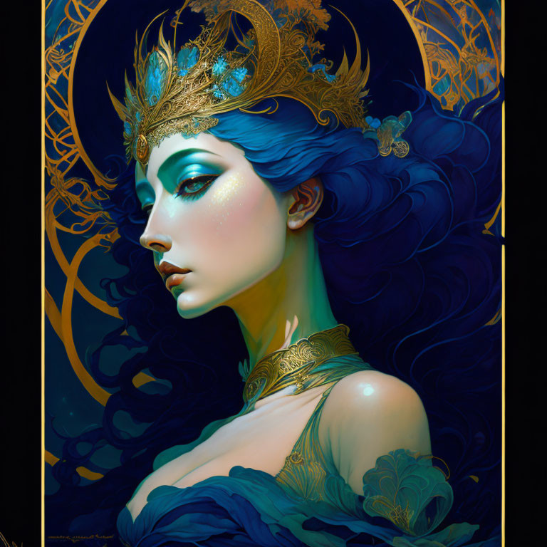 Regal woman with blue skin and gold headdress in Art Nouveau style