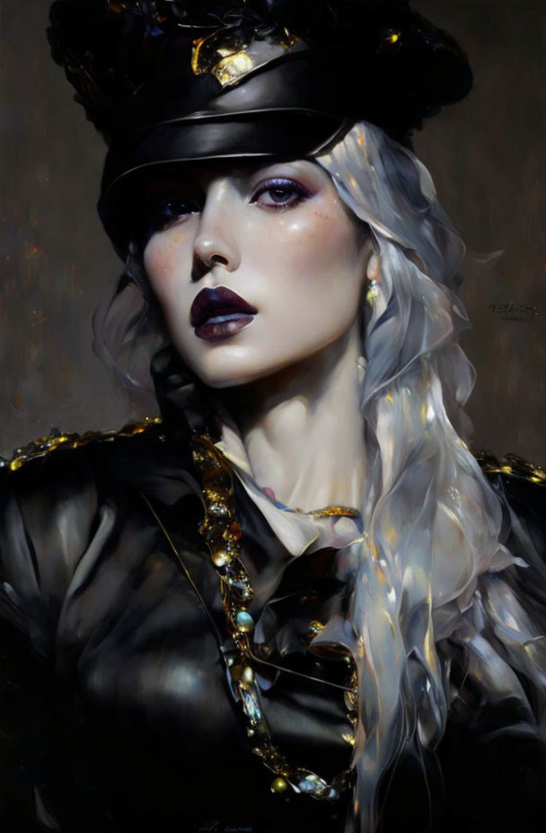 Portrait of Woman with Pale Skin and White Hair in Black and Gold Military Uniform