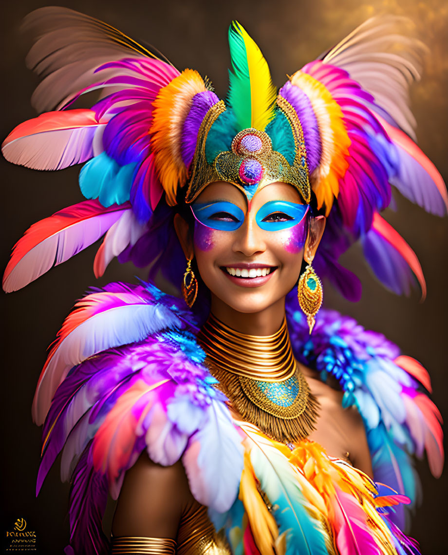 Colorful Feathered Headdress and Costume Portrait on Dark Background