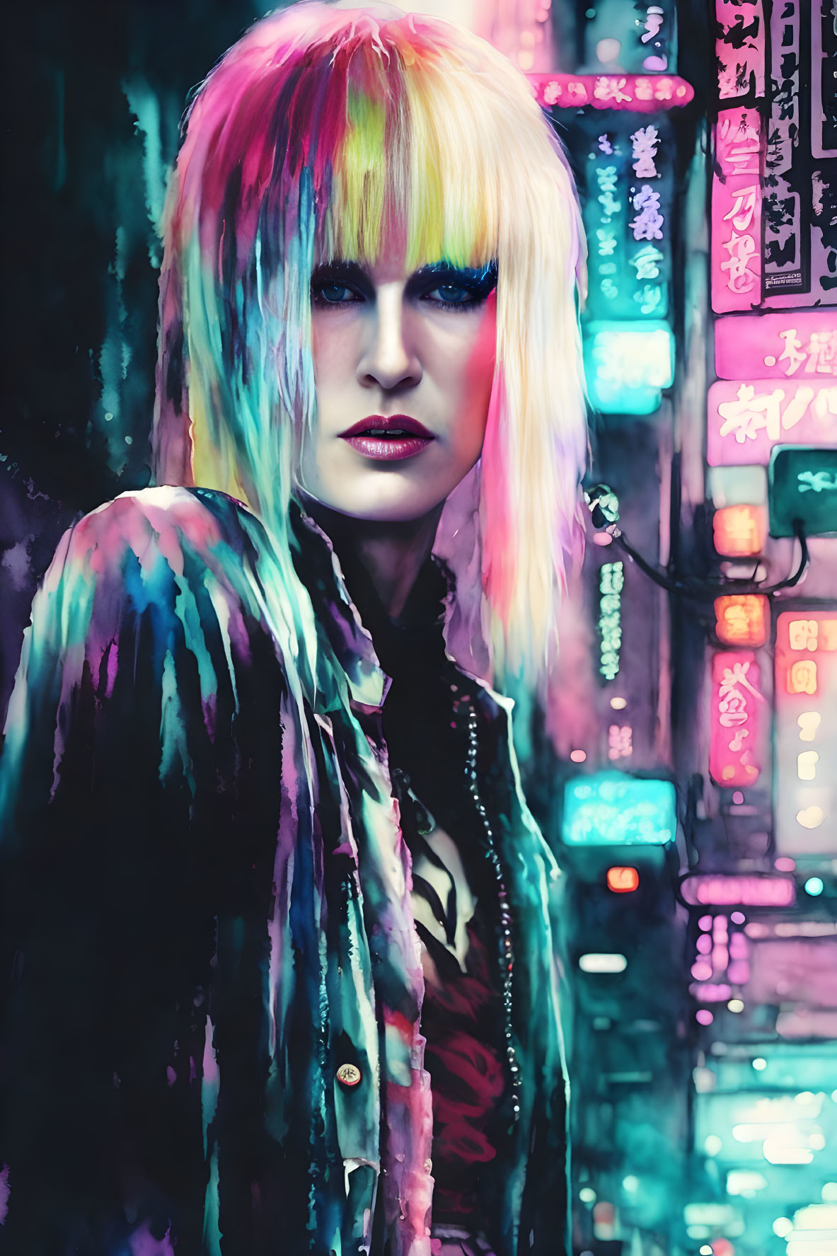 Multi-colored Bob Haircut in Neon-Lit Alley with Asian Script Signs